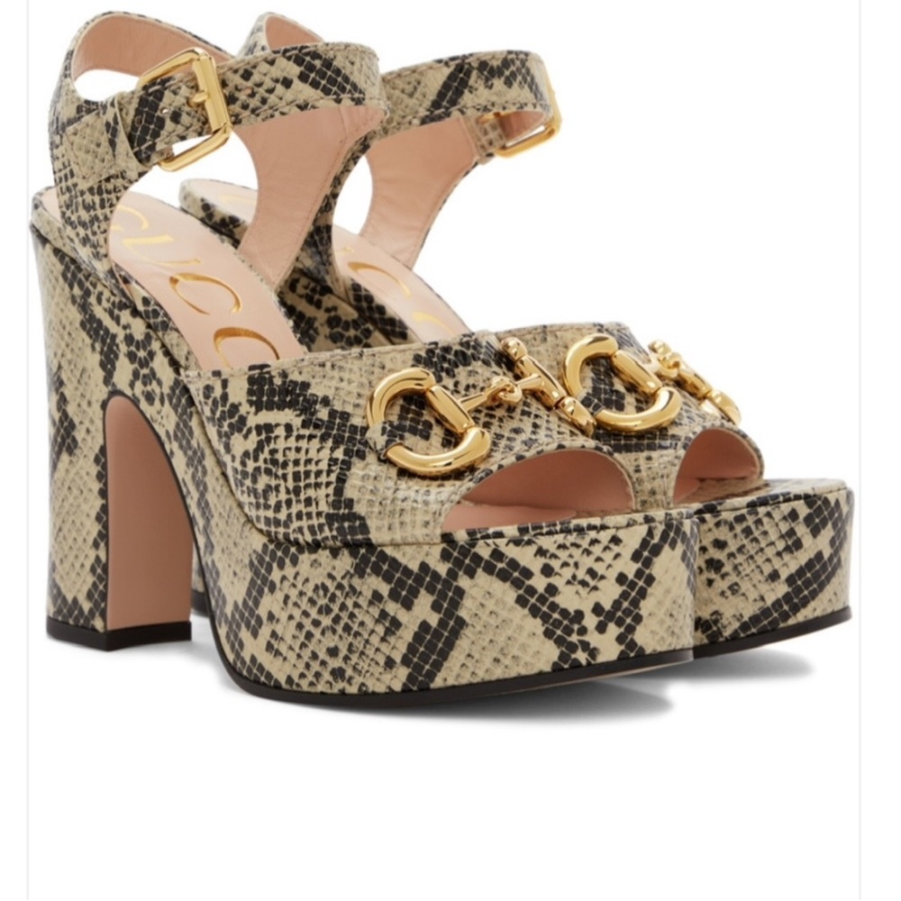 GUCCI Elegant Snake Print Platform Sandals with Gold Accents